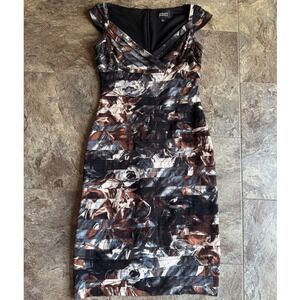 Adrianna Papell Floral Tiered Pintuck Sheath Dress Brown Blue Black Sz 6‎ Career
